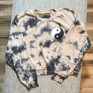 Aviator Nation Tie-Dyed‎ Ying-Yang Pullover Sweatshirt Tan and Black unisex XS